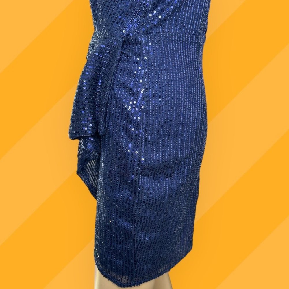 Double Crazy Blue Sequin Mini Dress Large L Lined Sleeveless Stretch V-Neck - Picture 12 of 16